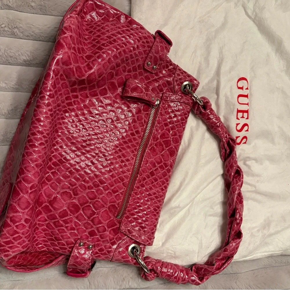 Guess Fuchsia Crocodile-Embossed Shoulder Bag - Picture 2 of 6